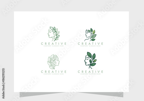 Organic Beauty Line Art Logo set with Woman and Leaves, beauty logo, Skincare icon vector design