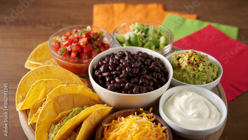 Tacos with beans cheese salsa guacamole and sour cream on a wooden plate