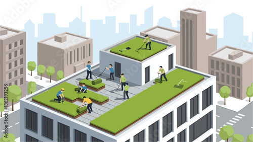 Workers installing green roofs on modern city buildings for sustainable urban development