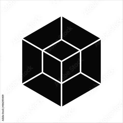 Abstract geometric cube icon with nested outlines, creating an optical illusion. Minimalist graphic symbol representing structure, complexity, and interconnectedness