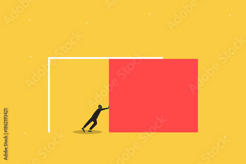 Professional businessman pushing a massive red block, symbolizing the overcoming of significant obstacles, market challenges, or the heavy lifting involved in a startup's growth phase