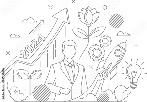 Business concept illustration featuring a confident executive surrounded by elements symbolizing growth innovation new year goals and upward trajectory for 2024