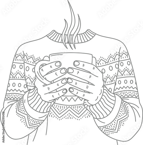 Minimalist line art drawing showing hands warmly clutching a steaming hot beverage while wearing a cozy patterned winter holiday sweater