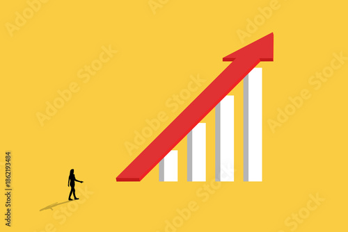 Business woman looking up arrow. Financial market growth. The concept of success, financial growth, profit