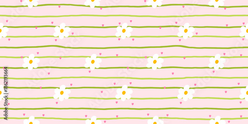Seamless vector pattern featuring delicate chamomile and daisy flowers with subtle stripes and heart