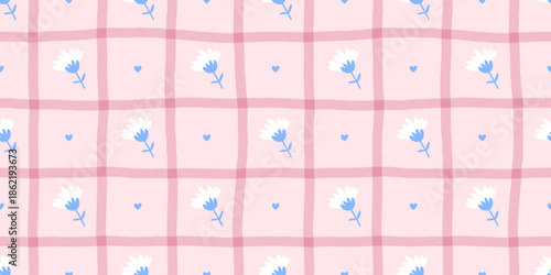 Seamless vector pattern with delicate chamomile blossoms, subtle checkered textures, and neutral tones, perfect for wallpapers, fabric prints, and spring-inspired designs