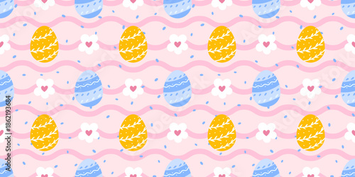 Seamless pattern with Easter eggs hidden among chamomile flowers and wavy lines, perfect for fabric prints, wrapping paper, and kids' holiday clothing
