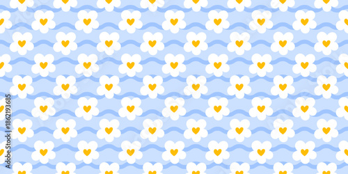 Minimalist and elegant seamless vector pattern combining chamomile flowers, neutral tones, and gentle stripes