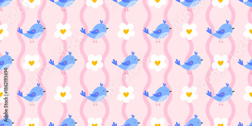 Seamless pattern with sparrows, chamomile flowers, and gentle wavy accents, in pastel tones, ideal for textile designs, holiday celebrations, and soft baby clothing