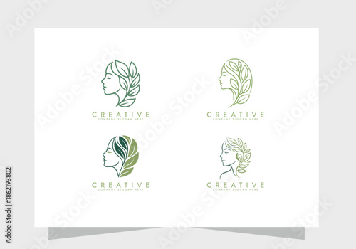 Organic Beauty Line Art Logo set with Woman and Leaves, beauty logo, Skincare icon vector design