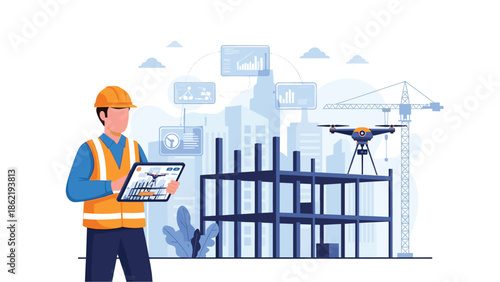 Construction worker using tablet with drone on construction site