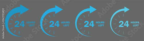 24 hours left vector set. 24 hour order execution, delivery service, fast sign. Twenty-four hours clock symbol collection. Vector illustration.