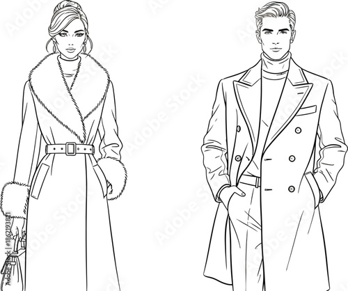 Elegant monochrome fashion illustration depicts a stylish couple wearing luxurious winter trench coats perfect for upscale seasonal advertisements or design concepts.