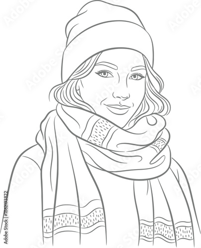 Black and white line art illustration depicting a smiling young woman bundled up warmly wearing a fashionable winter hat and a thick patterned scarf around her neck