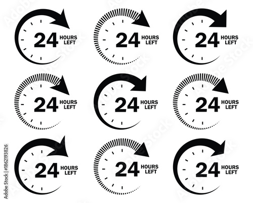 24 hours left vector set. 24 hour order execution, delivery service, customer service, fast sign concept. Twenty-four hours clock symbol collection. Vector illustration.