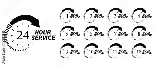 1 to 12 hour service icon set. 24 hour discount offer, support, delivery and more concept. Twenty-four hour clock symbol collection. Vector illustration.