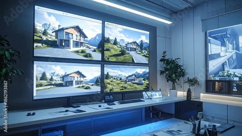 Wallpaper Mural Modern office space with multiple displays showing architecture designs and landscape visuals. Torontodigital.ca