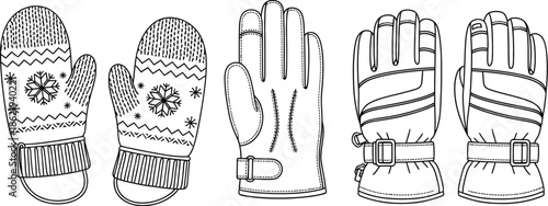 Collection of line art drawings showcasing various winter hand coverings including patterned mittens gloves and ski gear for cold weather activities