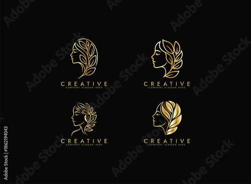 Organic Beauty Line Art Logo set with Woman and Leaves, beauty logo, Skincare icon vector design