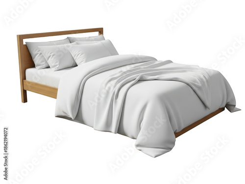Modern wooden bed with white bedding and pillows