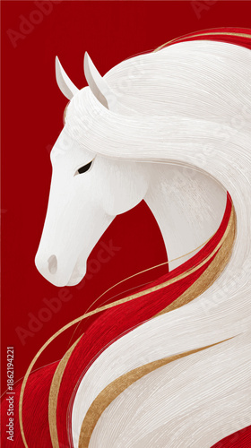 Majestic white horse with flowing mane against a vibrant red backdrop exuding grace and elegance