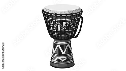 Traditional African djembe hand drum with geometric patterns isolated on white.