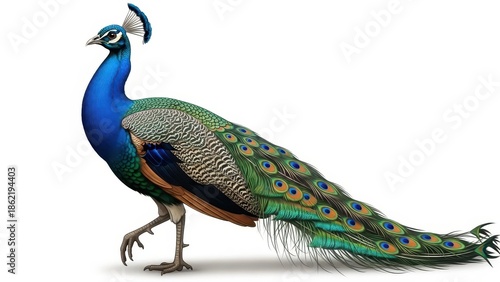Vibrant Indian peacock walking in profile isolated on white.