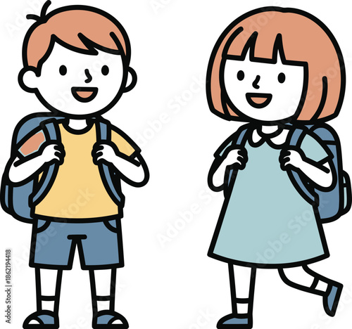 Cheerful illustration of a happy boy and girl walking together wearing backpacks ready for their very first day of school adventure