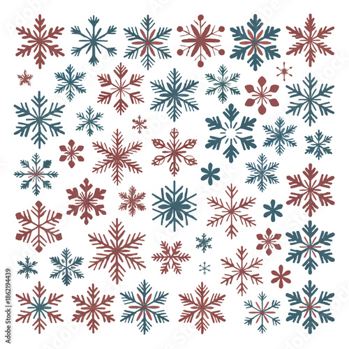 Vibrant winter snowflakes in red and blue on white background