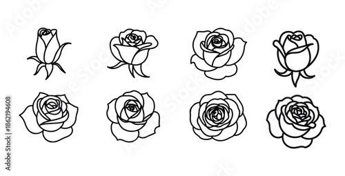 Set of eight black and white outline rose flowers tattoo icons isolated on white background art