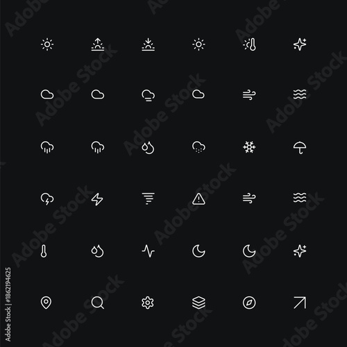 Modern weather forecast icon set for daily climate prediction, round dark minimalist vector illustration, scalable EPS template for mobile app UI/UX design, global climate data monitoring concept.