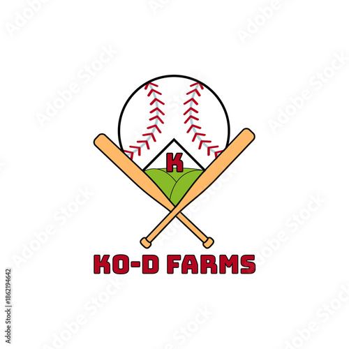 Sports-themed agricultural logo for "KO-D Farms" featuring crossed baseball bats, a baseball, and green rolling hills with a red 'K' monogram.