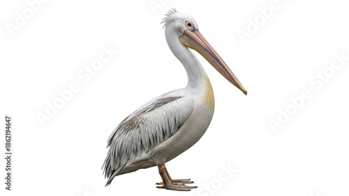 White pelican side profile standing isolated on plain white background.