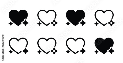 Set of eight love heart icons with sparkles collection black and white isolated on background
