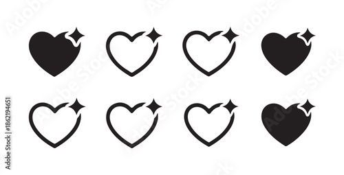 Set of eight heart icons with sparkle collection black and white isolated on white background art