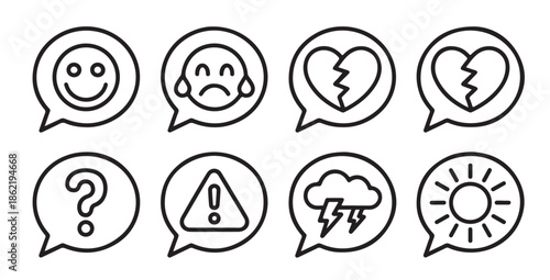 Set of outline speech bubble icons expressing different emotions and weather conditions