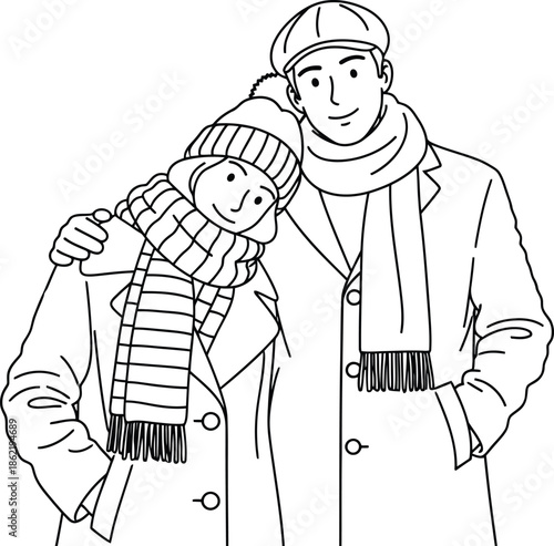 Happy couple wearing warm winter hats and scarves posing closely together for a delightful moment captured in simple line art illustration style