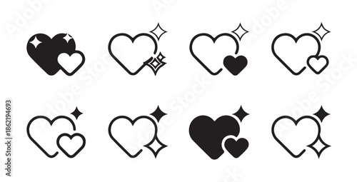 Collection of shiny heart icons representing love affection and sparkling romance graphics