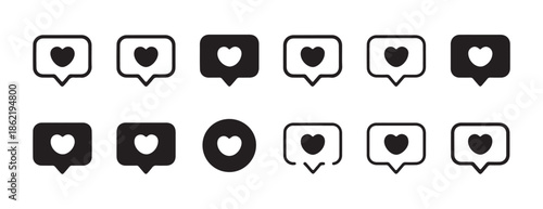 Social media like notification icon set vector speech bubble with heart for online feedback