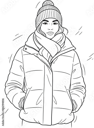Beautiful young woman dressed warmly in a thick winter puffer jacket scarf and knitted pom pom beanie cap illustration