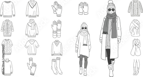 Collection of outline sketches featuring various winter clothing items including diverse sweaters gloves scarves and full outfit illustrations for fashion design.