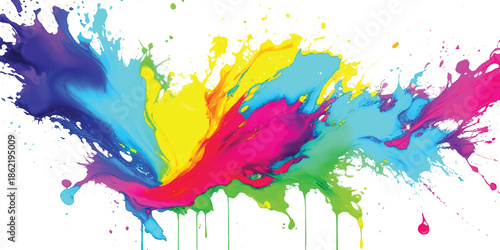 Vibrant Rainbow Paint Splatter Abstract Background with Cyan, Magenta, Yellow, Purple, and Green Ink Explosion, Dynamic Drips and Fluid Motion for Modern Graphic Design, Branding, Posters, 