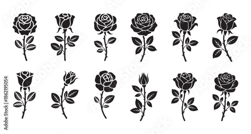 Collection of detailed black rose flowers on stems perfect for tattoo designs or wedding decoration elements
