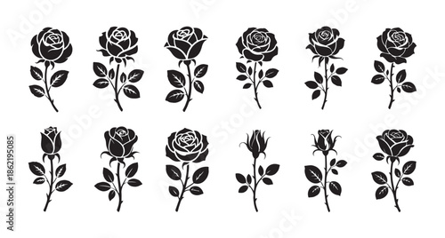 Collection of detailed black rose flowers on stems perfect for tattoo designs or wedding decoration elements