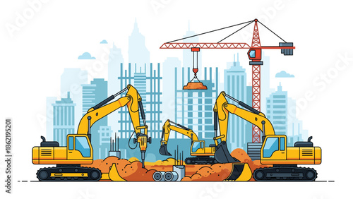 Modern construction site with excavators and crane in cityscape