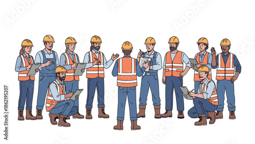 Diverse construction team collaborating on project with clipboards and hard hats