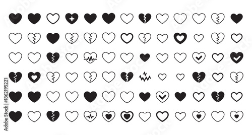 Set of heart icons showing health status broken heart and cardiogram monitoring