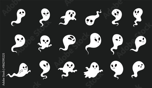 Cartoon cute Halloween ghosts lighting. Vector image of ghost, soul, spirit with glow on black dark background. Halloween, day of the dead, scary for kids