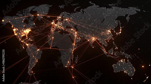A video showcasing a global network map with communication connections. world map glowing connections.
