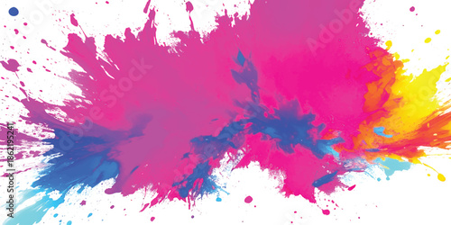 Vibrant Rainbow Paint Splatter Abstract Background with Cyan, Magenta, Yellow, Purple, and Green Ink Explosion, Dynamic Drips and Fluid Motion for Modern Graphic Design, Branding, Posters, 